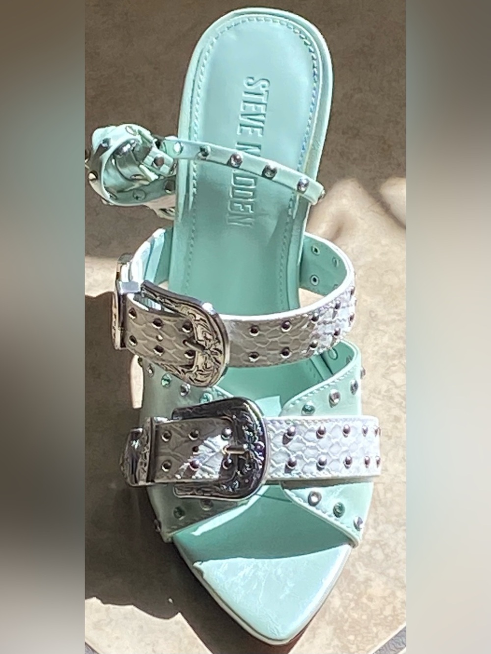NEW STEVE MADDEN STUDDED METAL BUCKLE ANKLE WRAP STILETTOS IN MINT - Picture 13 of 15